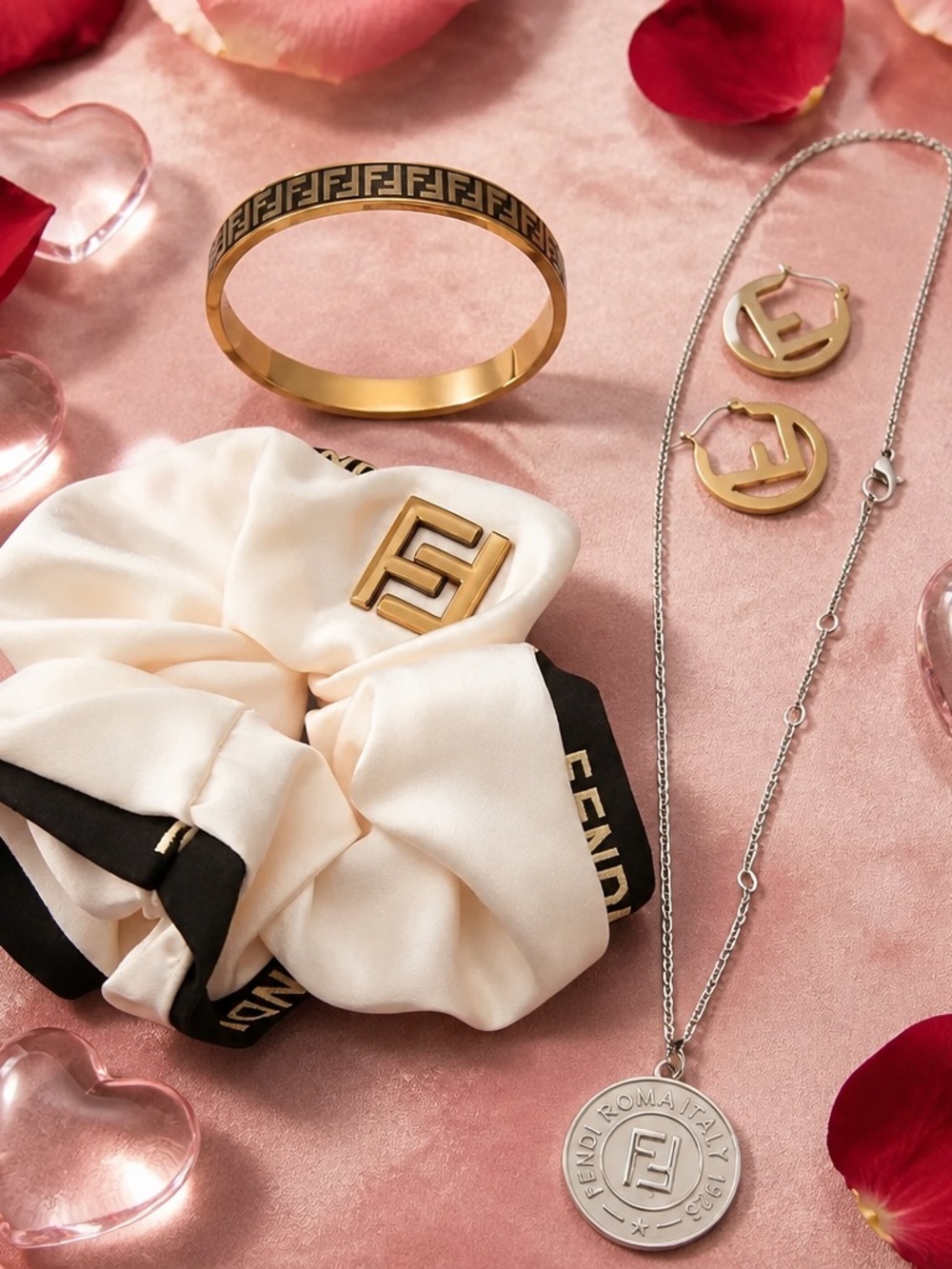 Ivory Silk Scrunchie with Gold Logo Jewelry Set/GENERIC BRANDS